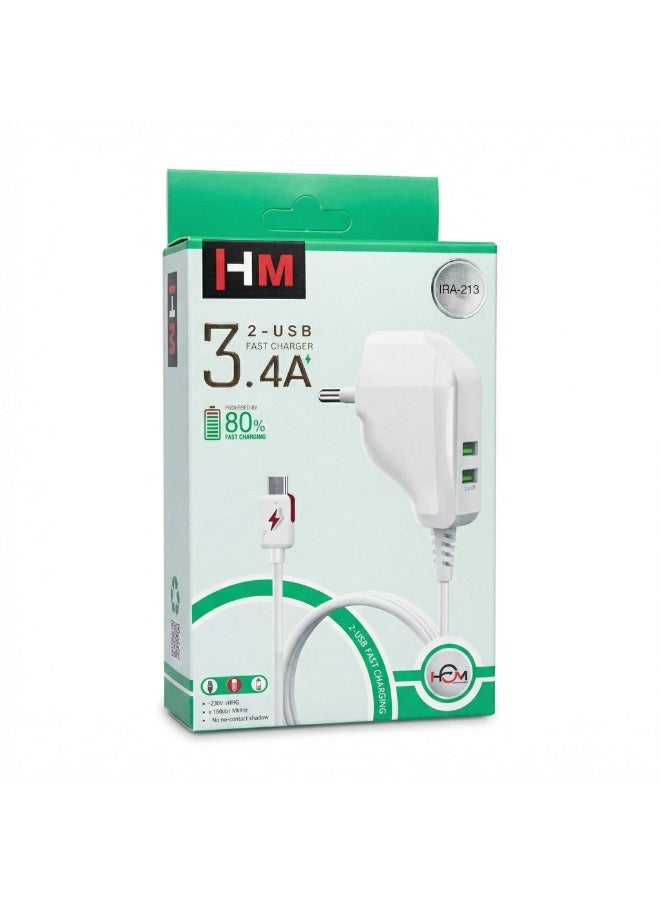 اتش ام شاحن حائط سريع HM مزدوج بمنفذي USB وبقوة 3.4 أمبير مع كابل TC - Image 1
